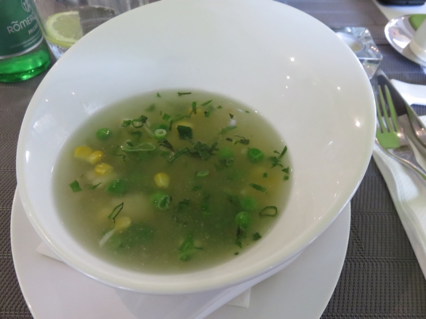 Corn creme soup with 'crab' pieces (4,50€)